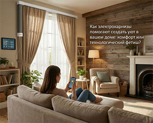 Девушка с планшетом отдыхает на диване в уютной гостиной с камином и электрокаонизом, который управляется дистанционно.