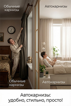 Обычные карнизы и автокарнизы – наглядное сравнение удобства автоматических и обычных штор.